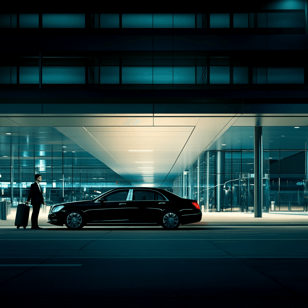 picture of a car waiting to pick up a person at an office building