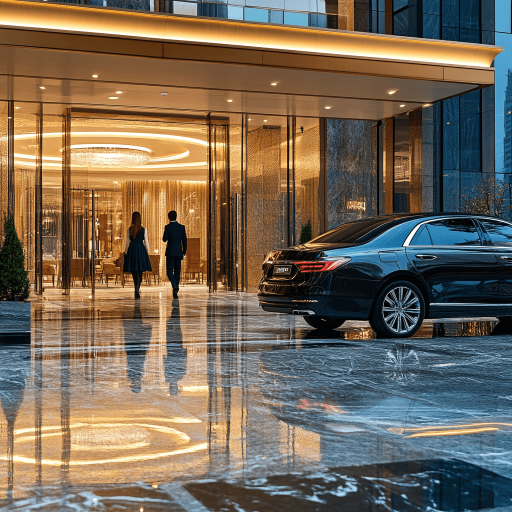 picture of a car waiting to pick up a person outside an office