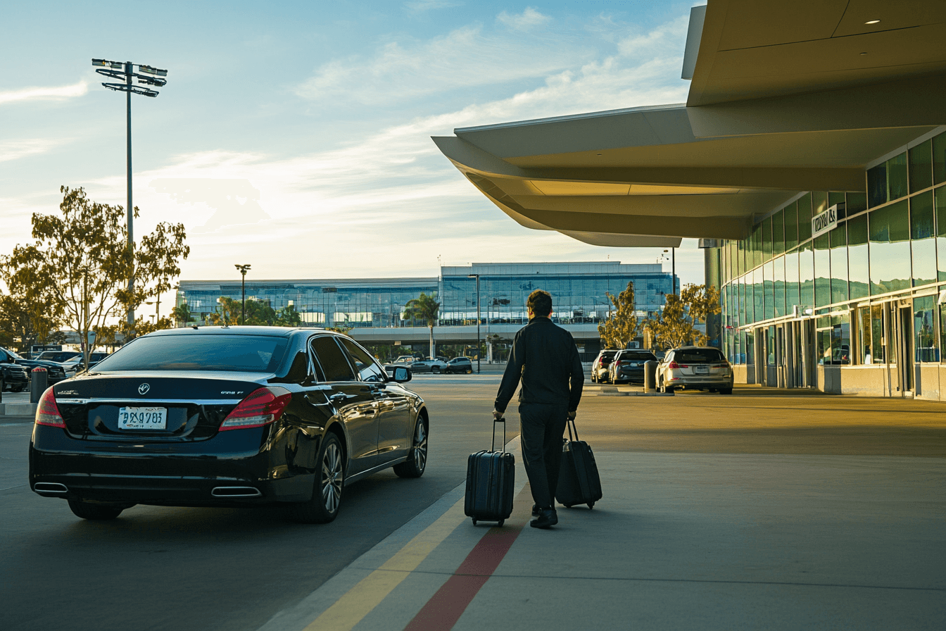 Picture of a car picking up a erson at an airport 